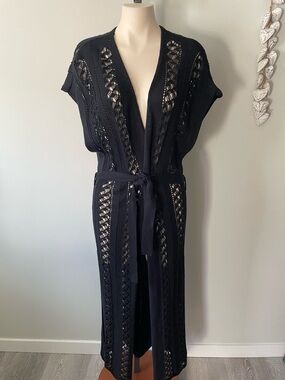 AGGÉL Knitwear Long Knit Duster Cardigan Floor Length Belted Boho Black Medium